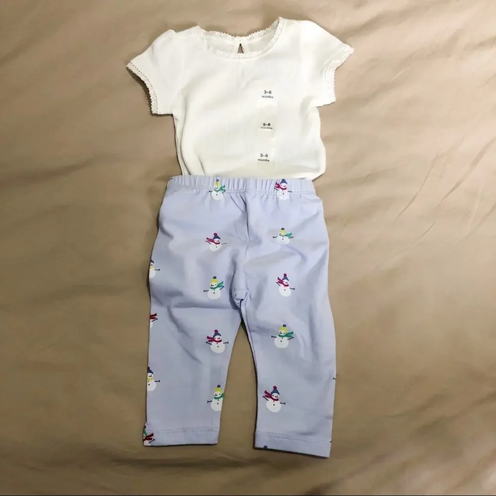 NWT Gap Snowman Pants and Cream Onesie Outfit 3-6 Months